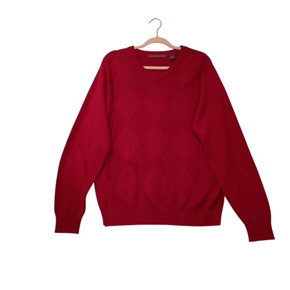 Oscar De La Renta Mens Pull Over Red V Neck Diamond Pattern Cotton Sweater Sz Lg - Picture 1 of 7